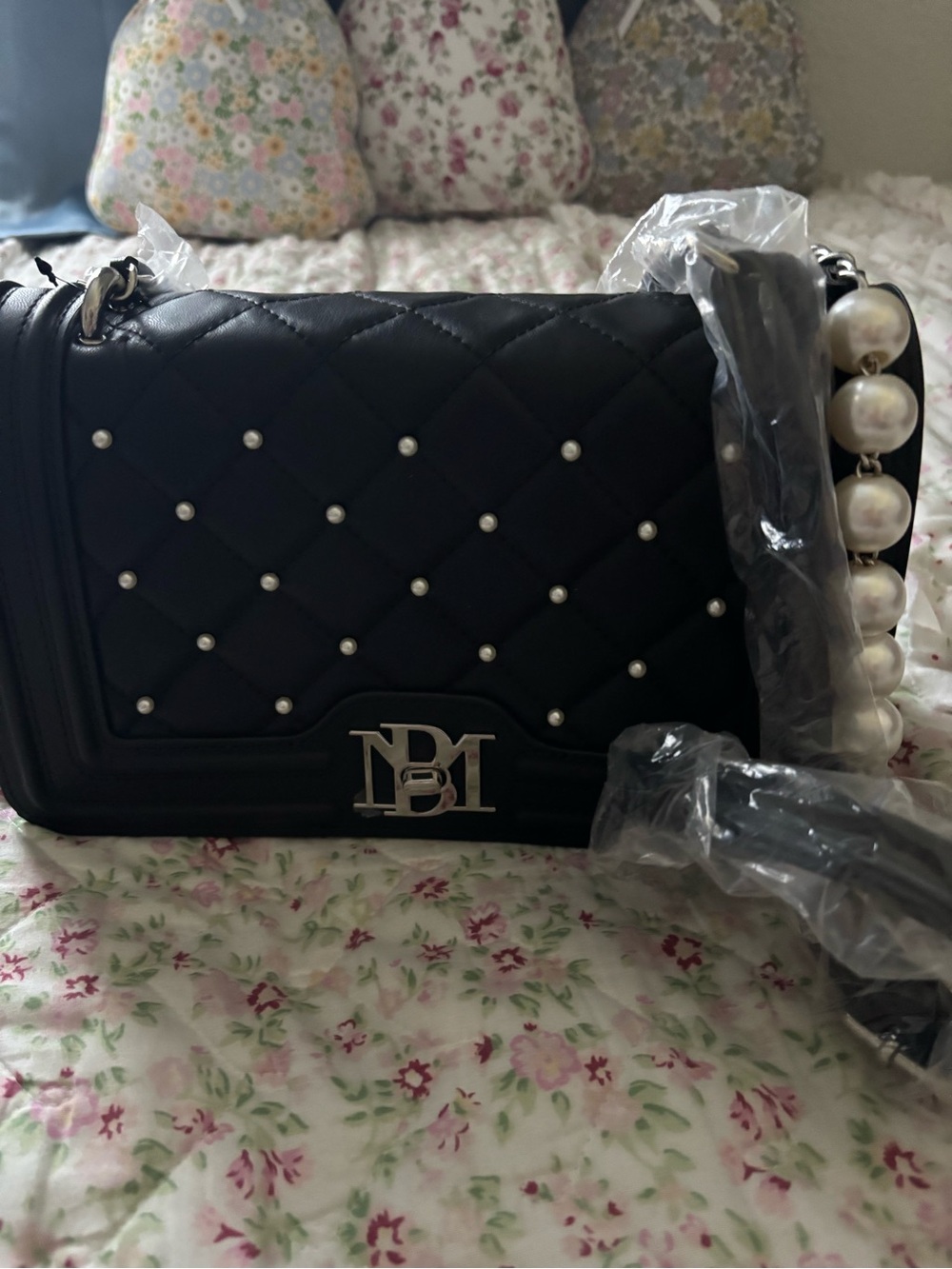 Badgley Mischka Black Quilted Crossbody with Pearl-Accent Strap